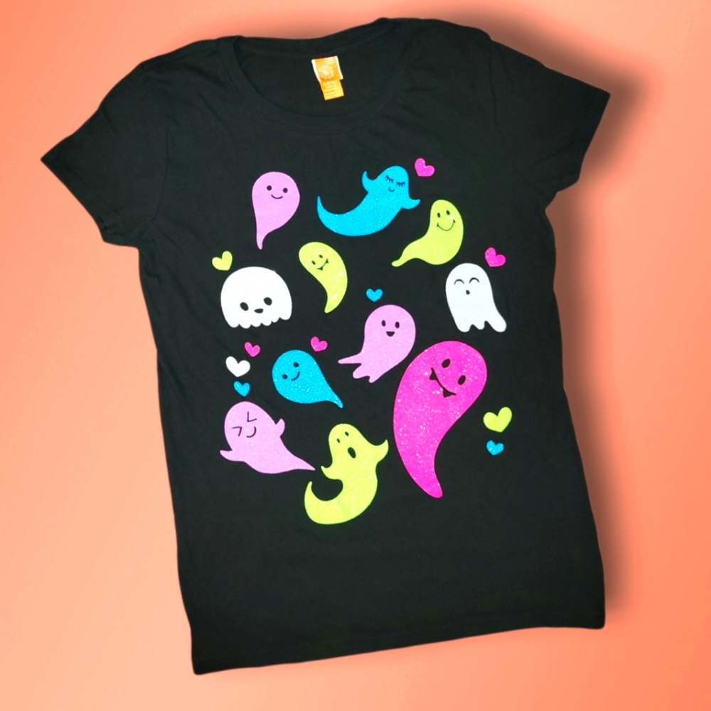 👻Sparkly Ghost Halloween Short Sleeve T-Shirt Size XL